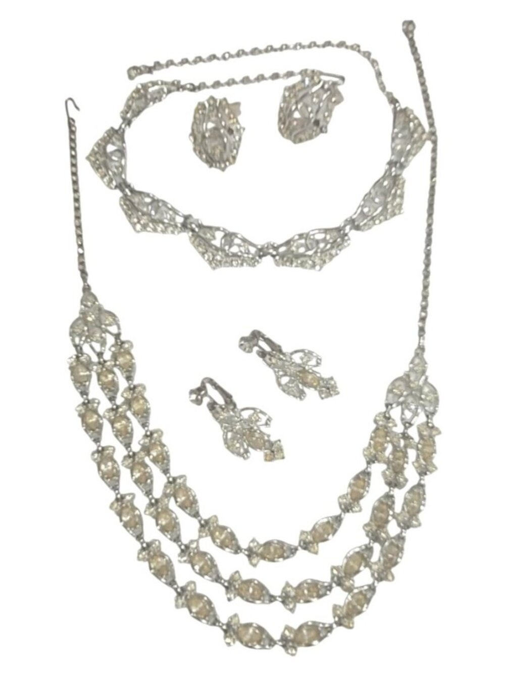 Vintage Emmons Necklace Earrings Set With Rhinestones And Silver Tone Metal